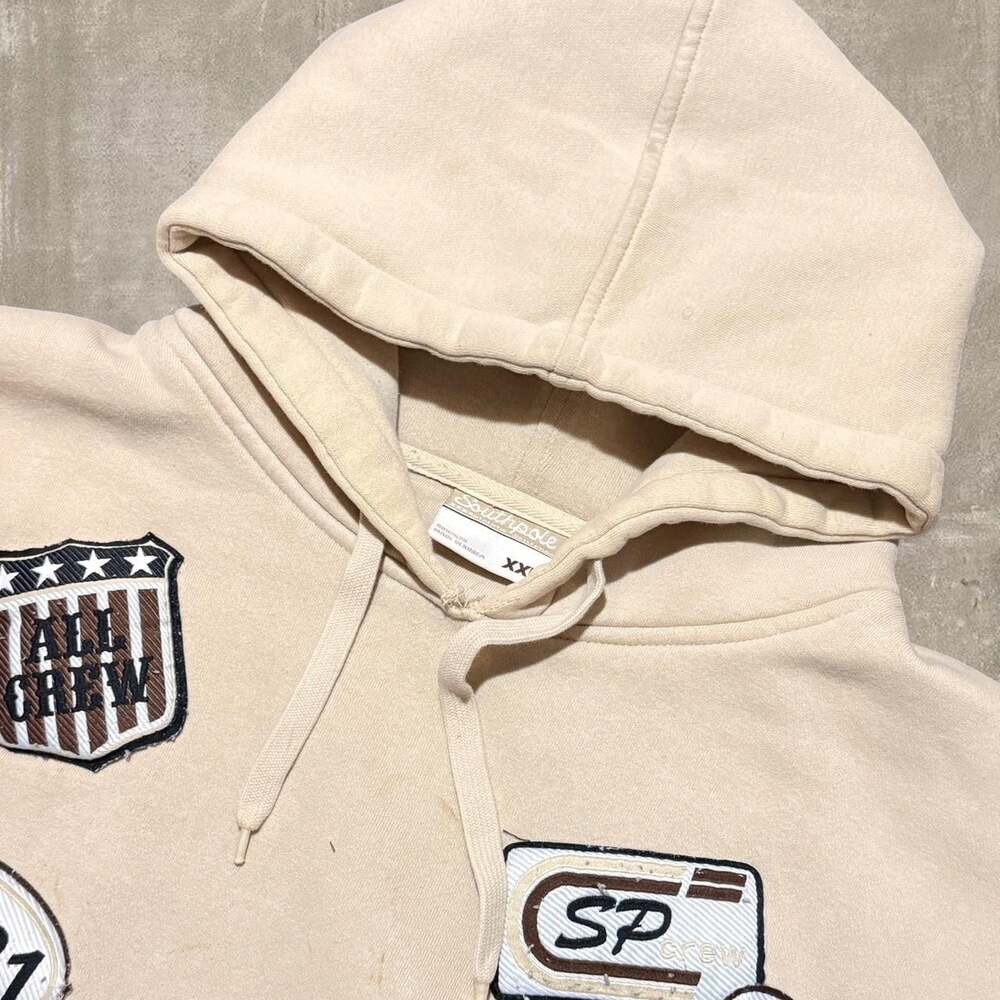 Vintage Southpole Patchwork Racing Hoodie, Y2K Streetwear, Cream - XXL
